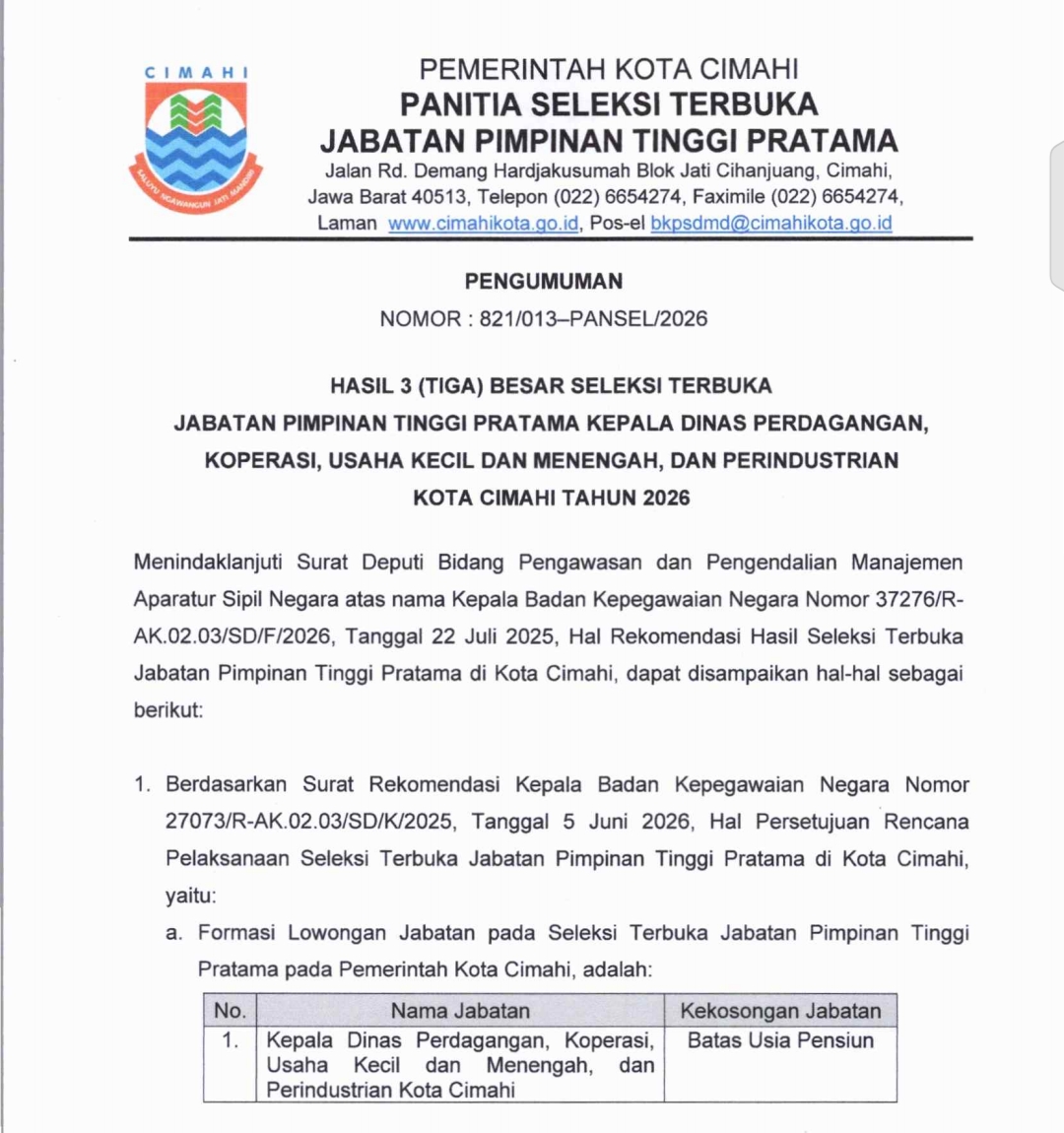Hasil 3 (Tiga) Besar Seleksi Terbuka Jabatan Pimpinan Tinggi Pratama Kepala Dinas Perdagangan, Koperasi, Usaha Kecil dan Menengah, dan Perindustrian Kota Cimahi Tahun 2026