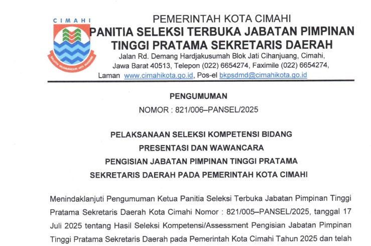 Pengumuman Pelaksanaan Seleksi  Kompetensi  Bidang Presentasi  Dan Wawancara Pengisian  Jabatan Pimpinan  Tinggi Pratama Sekretaris Daerah  Pada Pemerintah  Kota Cimahi