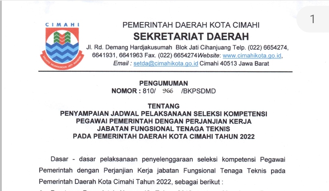 Penyampaian Jadwal Pelaksanaan Kompetensi Pegawai Pemerintah dengan Perjanjian Kerja Jabatan Fungsional Tenaga Teknis pada Pemerintah Daerah Kota Cimahi Tahun 2022