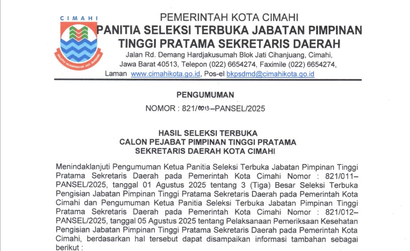 Pengumuman Tambahan 3 Besar Seleksi Terbuka Calon Pejabat Pimpinan Tinggi Pratama Sekretaris Daerah Kota Cimahi