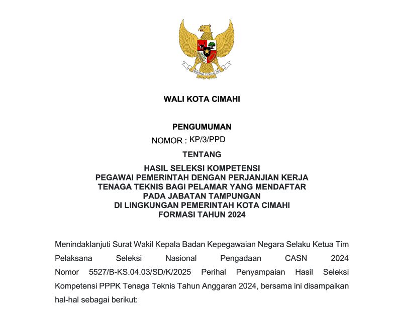 Hasil Seleksi Kompetensi Pegawai Pemerintah dengan Perjanjian Kerja Tenaga Teknis Bagi Pelamar yang Mendaftar Pada Jabatan Tampungan di Lingkungan Pemerintah Kota Cimahi Formasi Tahun 2024