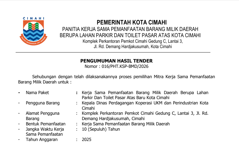 Pengumuman Hasil Tender   Kerjasama Pemanfaatan Barang Milik Daerah untuk Lahan Parkir dan Toilet Pasar Atas Baru Kota Cimahi