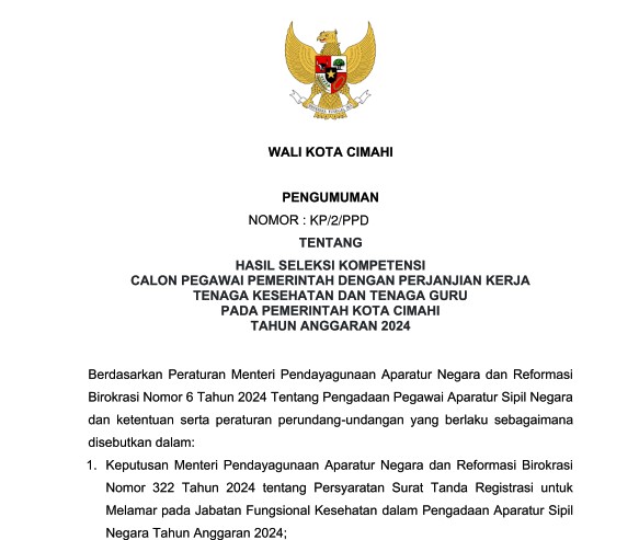 Hasil Seleksi Kompetensi Calon Pegawai Pemerintah Dengan Perjanjian Kerja Tenaga Kesehatan dan Tenaga Guru  Pada Pemerintah Kota Cimahi Tahun Anggaran 2024