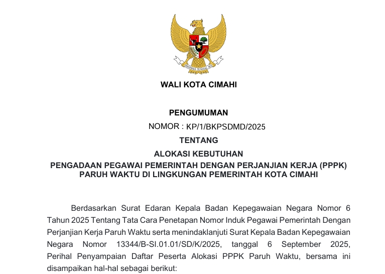 Pengumuman Alokasi Kebutuhan Pengadaan PPPK Paruh Waktu di Lingkungan Pemerintah Kota Cimahi
