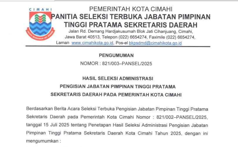 Hasil  Seleksi Administrasi Pengisian Jabatan  Pimpinan Tinggi  Pratama Sekretaris Daerah Pada  Pemerintah Kota  Cimahi