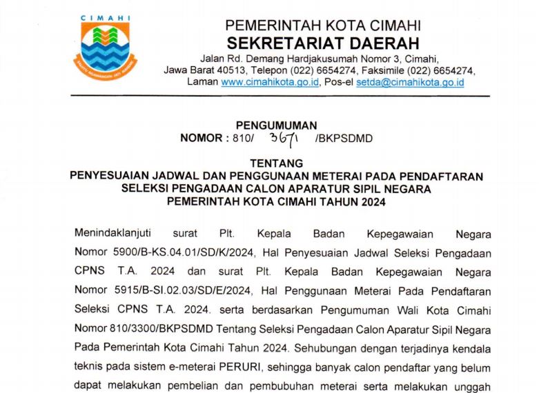 Penyesuaian Jadwal dan Penggunaan Materai Pada Pendaftaran Seleksi Pengadaan Calon Aparatur Sipil Negara Pemerintah Kota Cimahi Tahun 2024