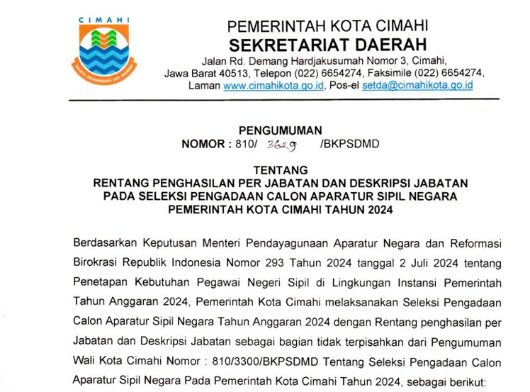 Rentang Penghasilan Per Jabatan dan Deskripsi Jabatan Pada Seleksi Pengadaan Calon Aparatur Sipil Negara Pada Pemerintah Kota Cimahi 2024